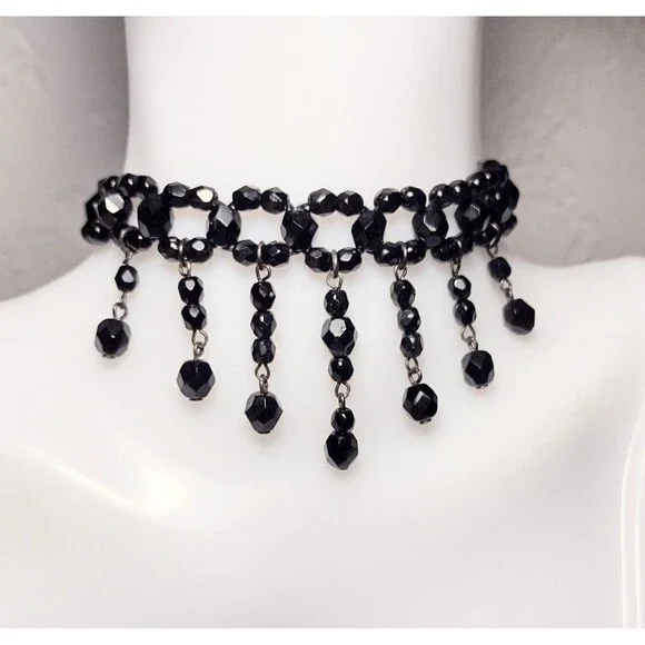 Goth Victorian Firenze Italy Black Glass Beaded Necklace Jean Andre - Picture 1 of 8